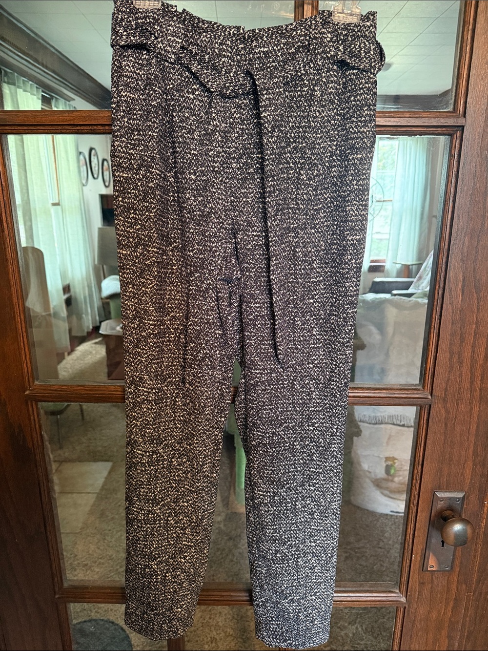 Express Womens Black White Speckled High Rise Ankle Paperbag Waist Pants 4 Chic